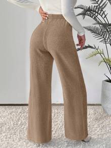SHEIN Frenchy Drawstring Waist Wide Leg Knit Pants - Camel - View 2