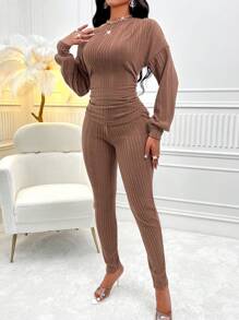 Zolique Asymmetrical Neck Drop Shoulder Ruched Side Tee & Leggings - Brown - View 4