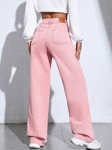 SHEIN ICON Chất rắn quần ống rộng Quần jean - Hồng - Xem 2