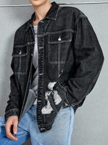 Manfinity Roghcode Men's Ultra-Loose Ripped Flap Pocket Denim Jacket - Dark Grey - View 5