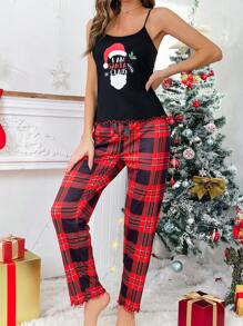 Christmas Print Cami Top & Plaid Pants PJ Set - Black - View 3