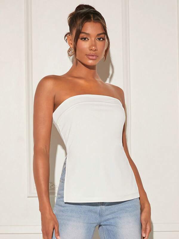 SHEIN BAE Solid Split Hem Tube Top,Ladies Casual Split Strapless Slim Fit White Plain Women Tops,Spring/Summer,Casual Daily Wear