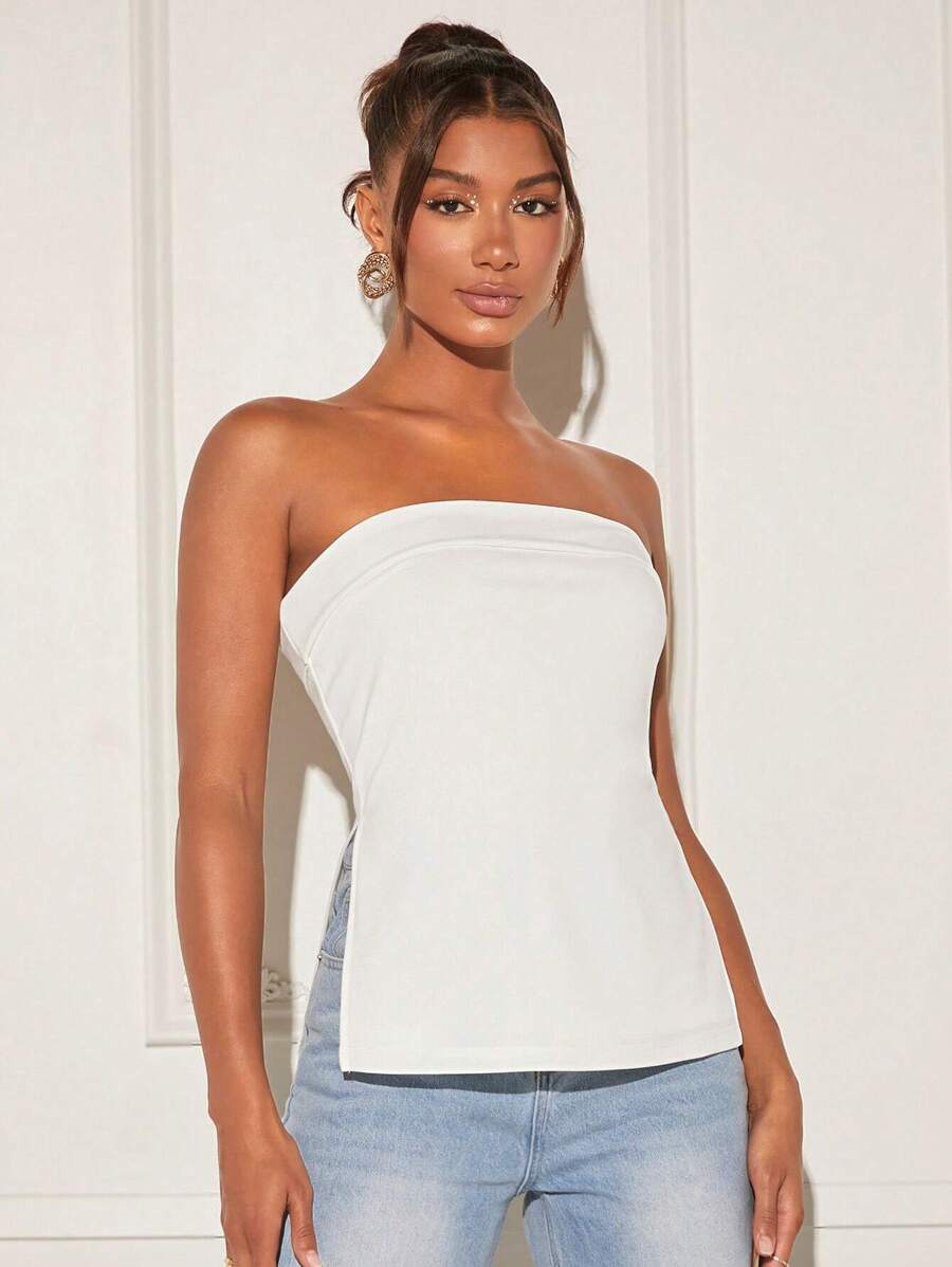 SHEIN BAE Solid Split Hem Tube Top,Ladies Casual Split Strapless Slim Fit White Plain Women Tops,Spring/Summer,Casual Daily Wear - White - View 1