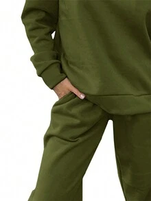 休閒純色女士兩件套 - 軍綠色 - 查看 3