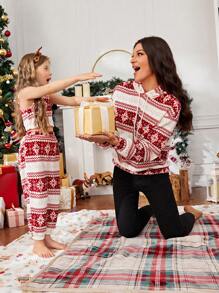 SHEIN LUNE Christmas Print Drop Shoulder Drawstring Hoodie - Red and White - View 2