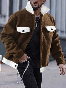 Manfinity Homme Men Contrast Trim Teddy Loose Jacket - Brown - View 1