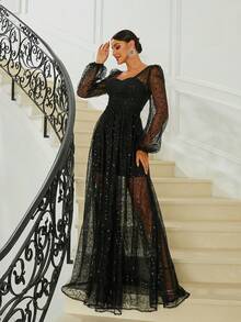 Missord 甜心领灯笼袖亮片礼服黑色优雅长袖舞会晚会婚礼宾客礼服，适合毕业典礼、晚宴 - 黑色 - 查看 6