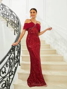 Missord Cold Shoulder Sequin Formal Dress - Burgundy - View 1