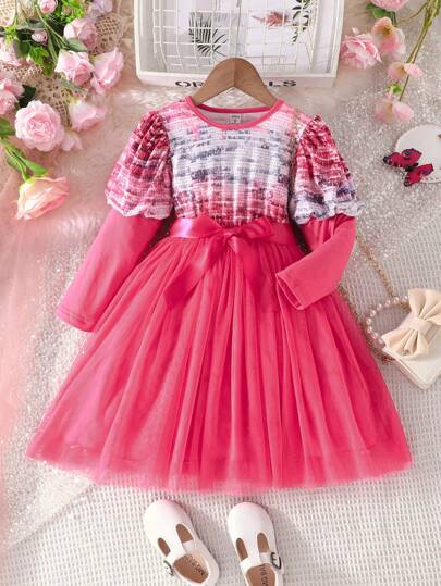 SHEIN Młoda dziewczyna Barwiony Karbowane wykończenie Obszycie Z Siateczki Sukienka z paskiem