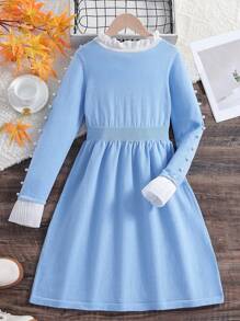 SHEIN 女大童1入組拼接荷葉邊毛衣洋裝 - 藍色 - 查看 1