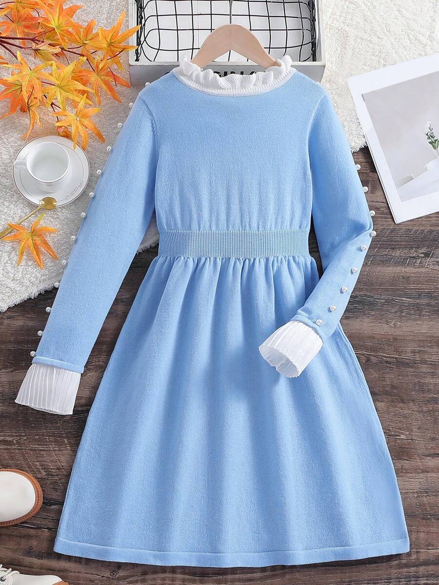 SHEIN 女大童1入組拼接荷葉邊毛衣洋裝 - 藍色 - 查看 1