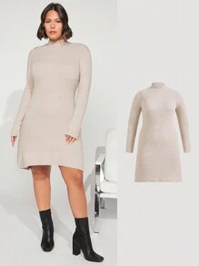 SHEIN BASICS Plus Mock Neck Ribbed Knit Sweater Dress In Fall/Winter - Apricot - View 7