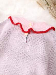 Baby Girl Strawberry Pattern Contrast Trim Raglan Sleeve Knit Jumpsuit - Baby Pink - View 6