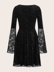 ROMWE PUNK Contrast Lace Flare Sleeve Velvet Dress - Black - View 2
