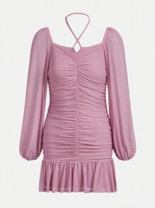 Teen Girl Ruched Ruffle Hem Halter Dress - Pink - View 1