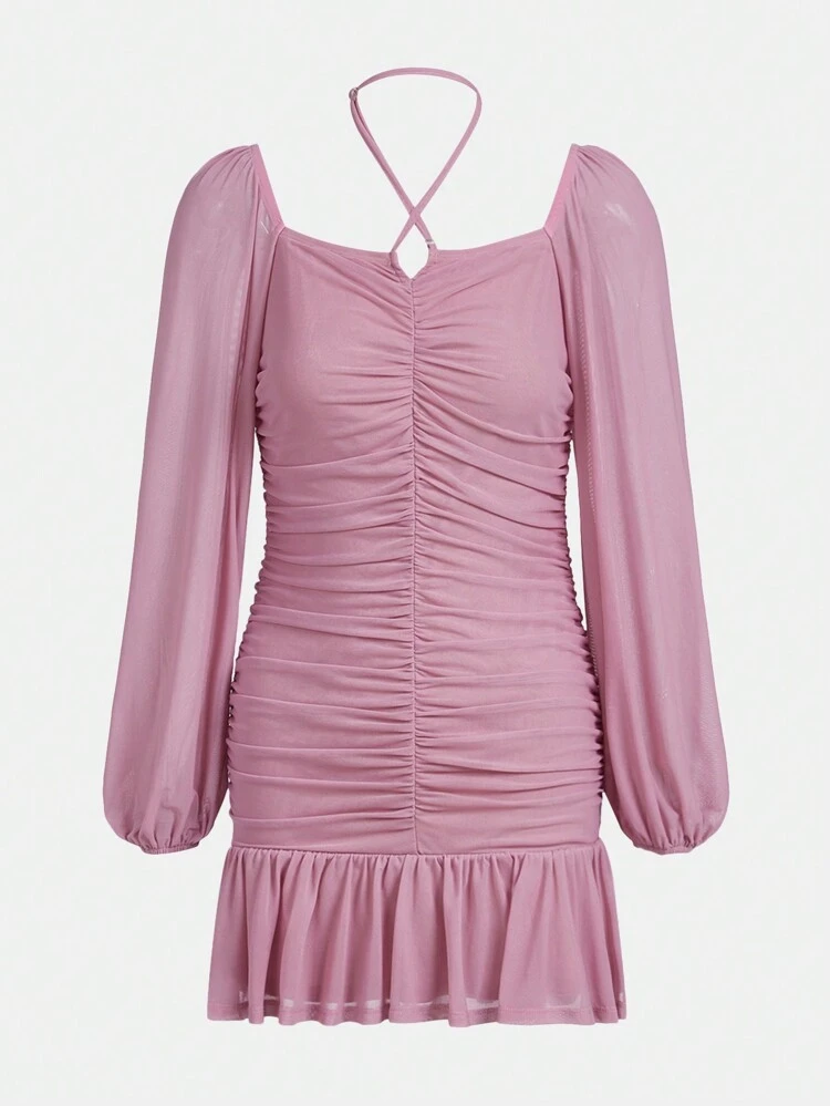 Teen Girl Ruched Ruffle Hem Halter Dress
