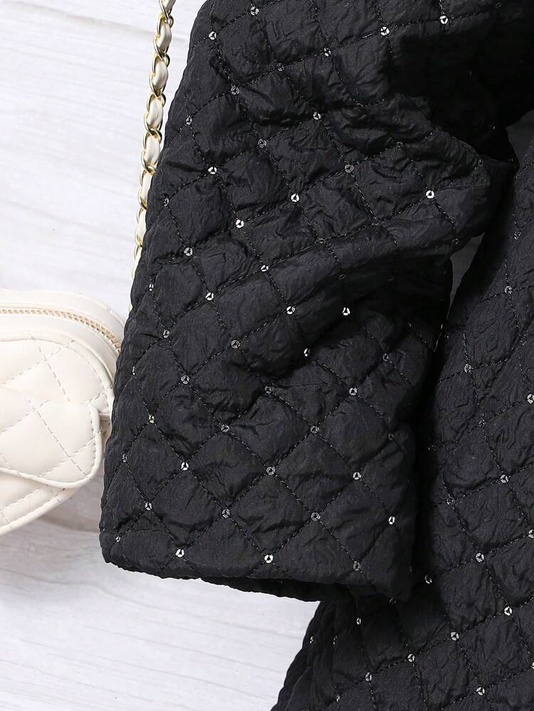 Teen Girl Fuzzy Trim Hooded Quilted Parka Coat Without Sweater