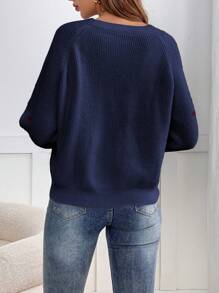 SHEIN Frenchy 图形心形刺绣插肩袖开衫、长袖上衣、情人节、情人节、情人节、秋冬针织毛衣 - 藏蓝色 - 查看 2