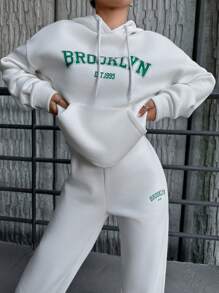 Cloudara Letter Graphic Drop Shoulder Drawstring Hoodie & Sweatpants - White - View 3