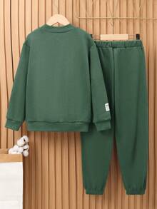 SHEIN 男大童字母貼布加絨內裏套頭衫和運動褲 - 綠色 - 查看 2