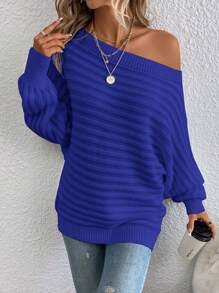 EMERY ROSE Suéter de cuello de barco, manga de murciélago, manga larga - Azul - Ver 5