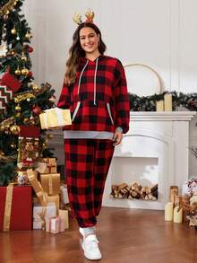 SHEIN LUNE 大碼拼接面大格紋抽繩連帽衫和運動褲 - 紅色 - 查看 6