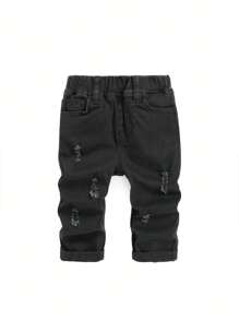 SHEIN 男嬰破洞彈性腰帶牛仔褲 - 黑色 - 查看 1