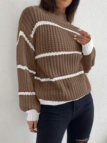 Celisse Striped Pattern Drop Shoulder Sweater,Long Sleeve Tops Knit Pullover Fall Winter Outfit - Mocha Brown - View 5