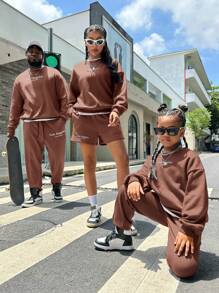 SHEIN Tween Girl Letter Graphic Drop Shoulder Hoodie & Sweatpants - Khaki - View 3