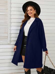 SHEIN Clasi 大碼西裝領雙排釦花呢外套 - 藏蓝色 - 查看 5