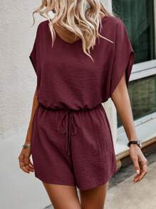 SHEIN LUNE Mono unicolor de manga murciélago con nudo delantero - Burdeos - Ver 3