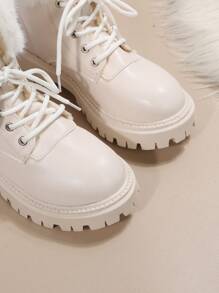 女士时尚柔软舒适春/秋/冬靴，配白色鞋带和保暖内衬 - 米色 - 查看 3