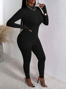 Slaydiva Solid Mock Neck Unitard Jumpsuit - Black - View 3