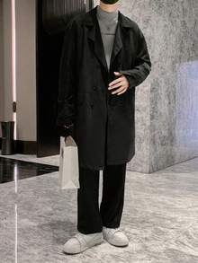 Manfinity Hypemode Loose Fit Men's Double Breasted Drop Shoulder Trench Coat - Black - View 5