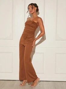 SHEIN BAE Ruched Tube Top & Wide Leg Pants - Brown - View 4