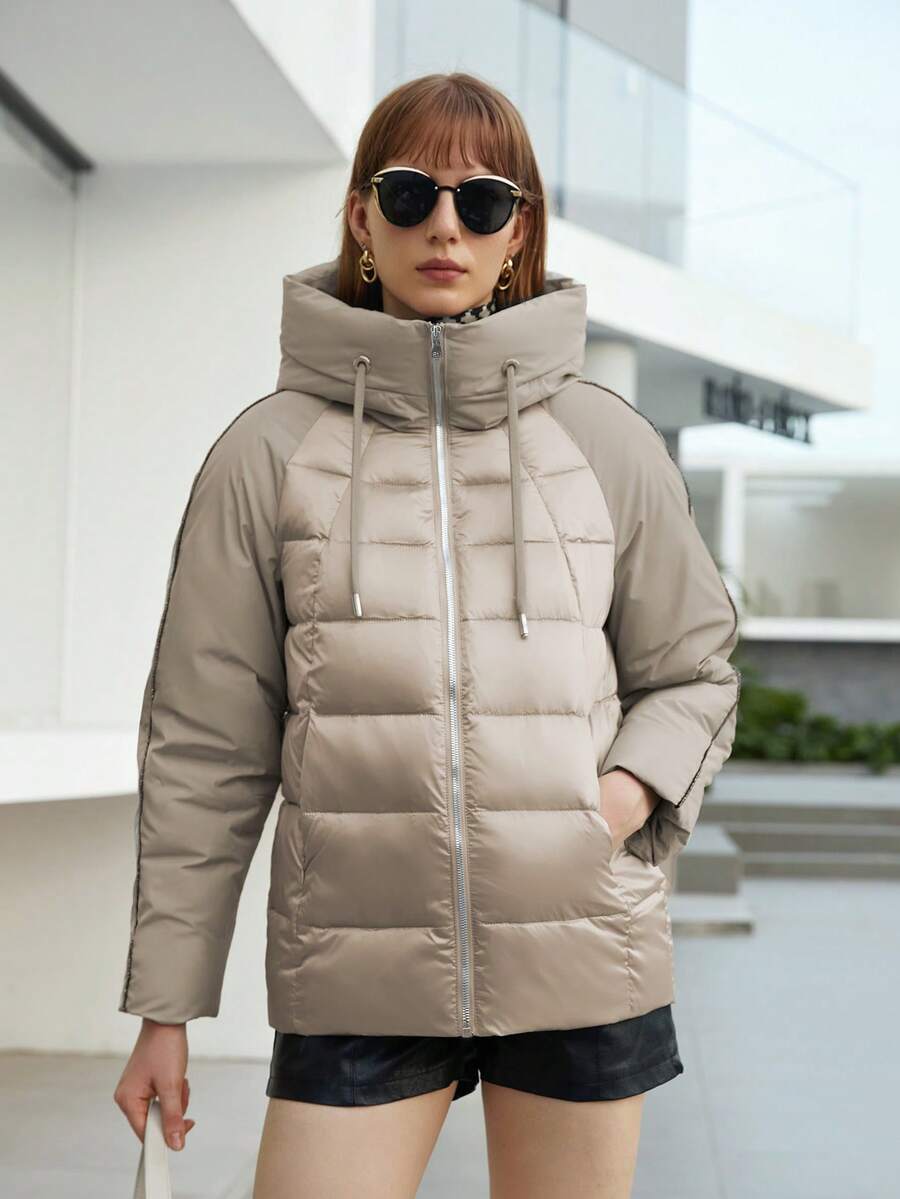 ZIAI 拉链抽绳连帽夹棉大衣 - 米色 - 查看 1