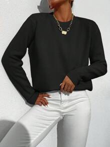 SHEIN Essnce 素色圓領套頭毛衣 - 黑色 - 查看 1