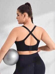 Easithlete Plus Solid Crisscross Back Sports Bra - Black - View 2