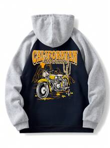 男士摩托車和字母圖案插肩袖抽繩加絨內裏連帽衫 - 彩色 - 查看 1