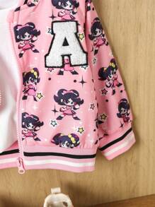 1pc Baby Girl Figure Graphic & Letter Patched Zip Up Striped Trim Varsity Jacket - Pink - View 4