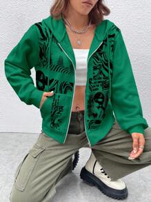 SHEIN EZwear 休閒抽繩 口袋 拉鍊人像 標語女士衛衣 - 綠色 - 查看 4