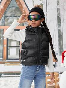 Tween Girl Zip Up Hooded Vest Padded Coat - Black - View 4
