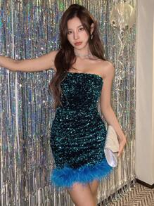 DAZY Fuzzy Trim Sequin Tube Bodycon Dress, Birthday Prom Dress Party Women Sundress,Mini Dress Homecoming Dresses Sexy Dress Elegant Women Dresses New Year Eve Dress Carnival Sparkly Dress - Blue - View 1