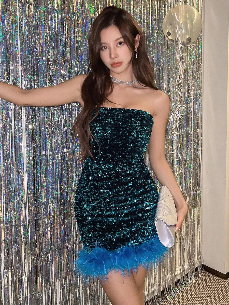 DAZY Fuzzy Trim Sequin Tube Bodycon Dress, Birthday Prom Dress Party Women Sundress,Mini Dress Homecoming Dresses Sexy Dress Elegant Women Dresses New Year Eve Dress Carnival Sparkly Dress - Blue - View 1