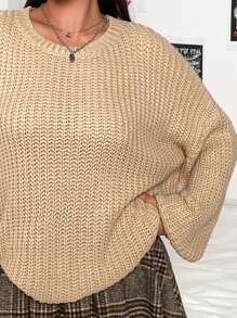 Flirla Plus Drop Shoulder Ribbed Knit Sweater