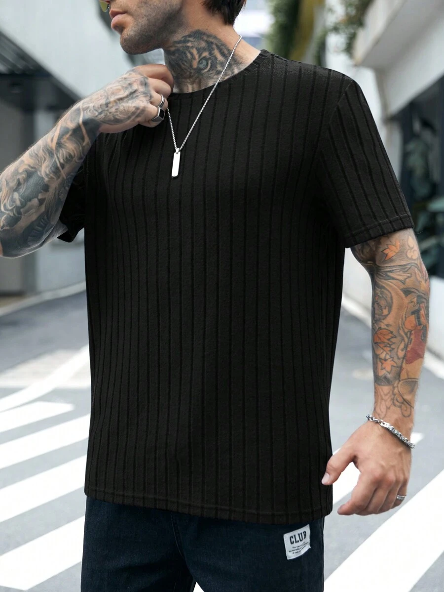 Manfinity BRENVOR Men Solid Ribbed Knit Tee, Summer - Black - View 1