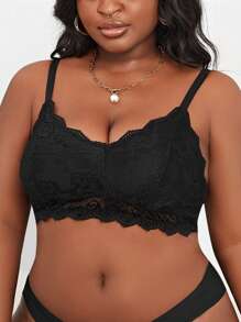 Plus Floral Lace Scallop Trim Bralette - Black - View 1