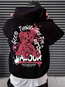 Manfinity EMRG 大碼熊和標語圖案袋鼠口袋抽繩連帽衫 - 黑色 - 查看 5