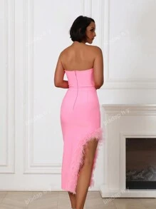 Sexy Side Cut-Out Bra Top With Artificial Feather Details Bodycon Party Midi Dress