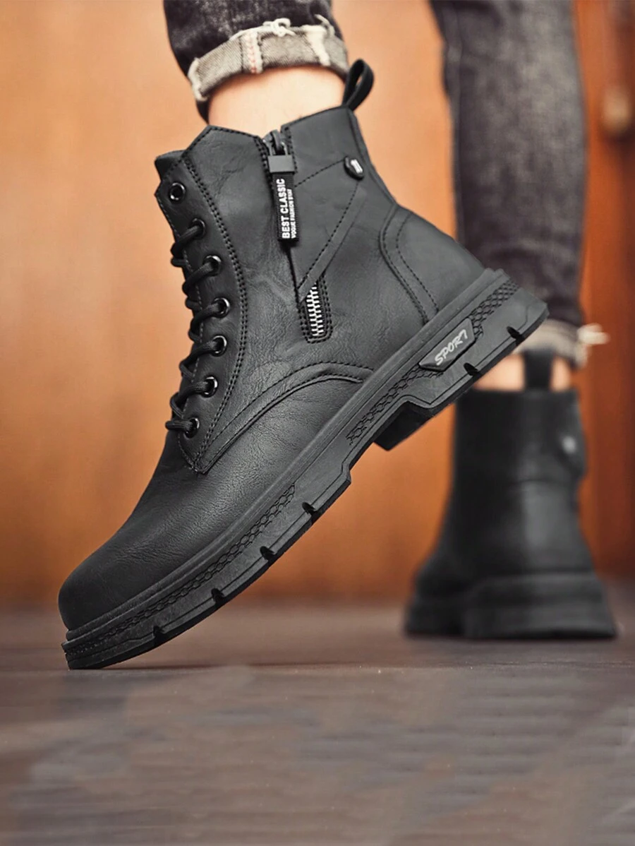 男士時尚高幫工作靴子,PU皮革,休閒鞋 - 黑色 - 查看 1